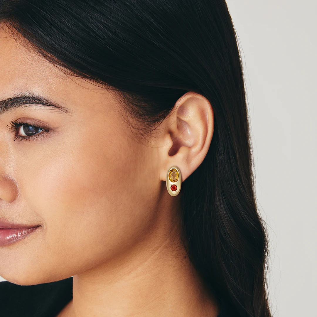Everyday Gold Citrine and Fire Opal Domed Oval Earrings - Image 3