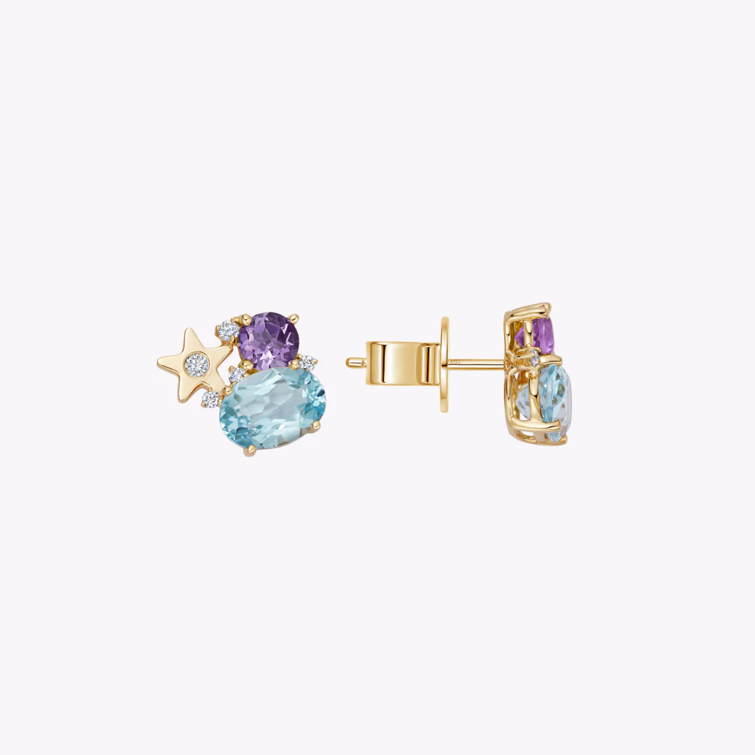 Fireworks Blue Topaz, Lavender Amethyst and Diamond Cluster Stud Earrings - Image 4