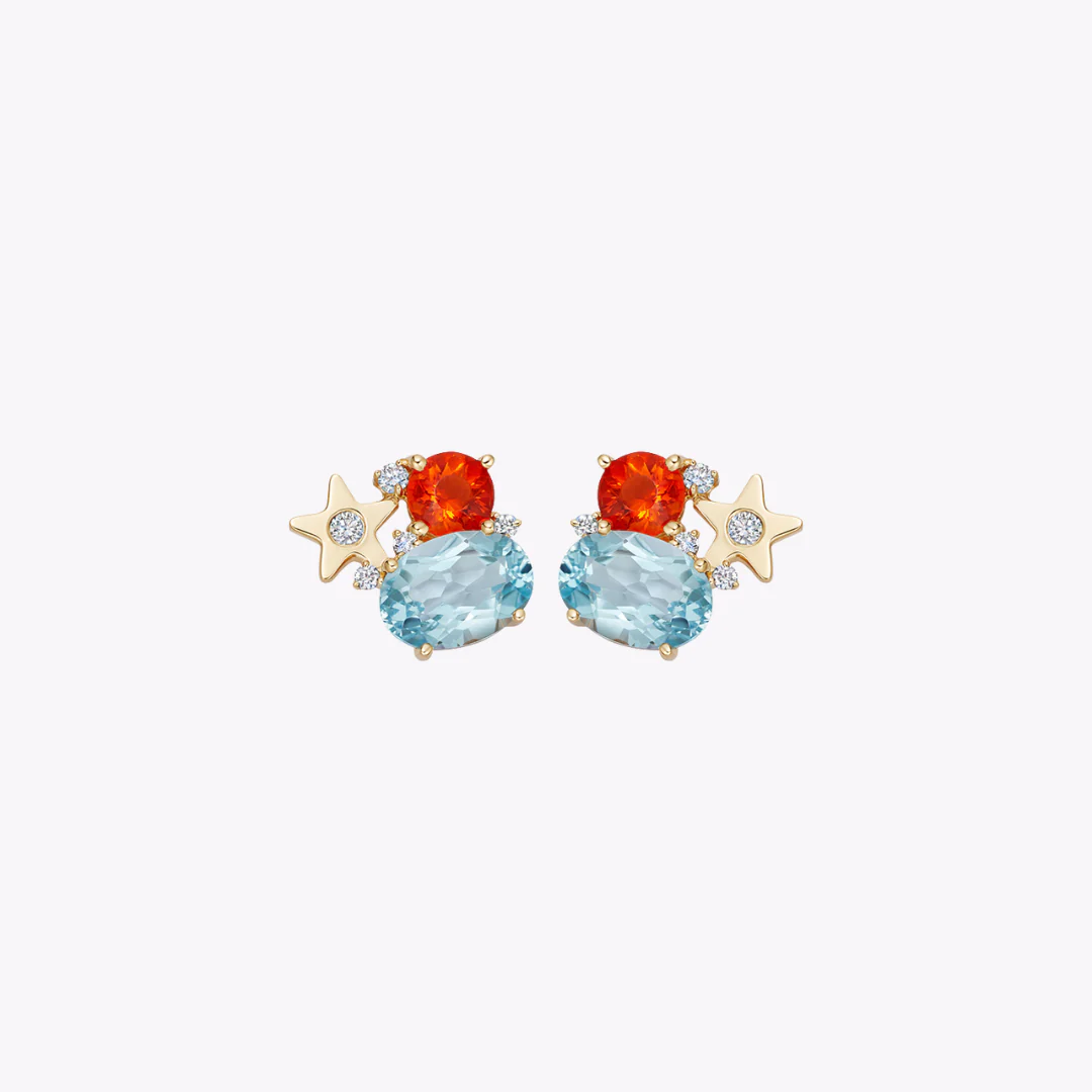 Fireworks Blue Topaz, Fire Opal and Diamond Cluster Stud Earrings