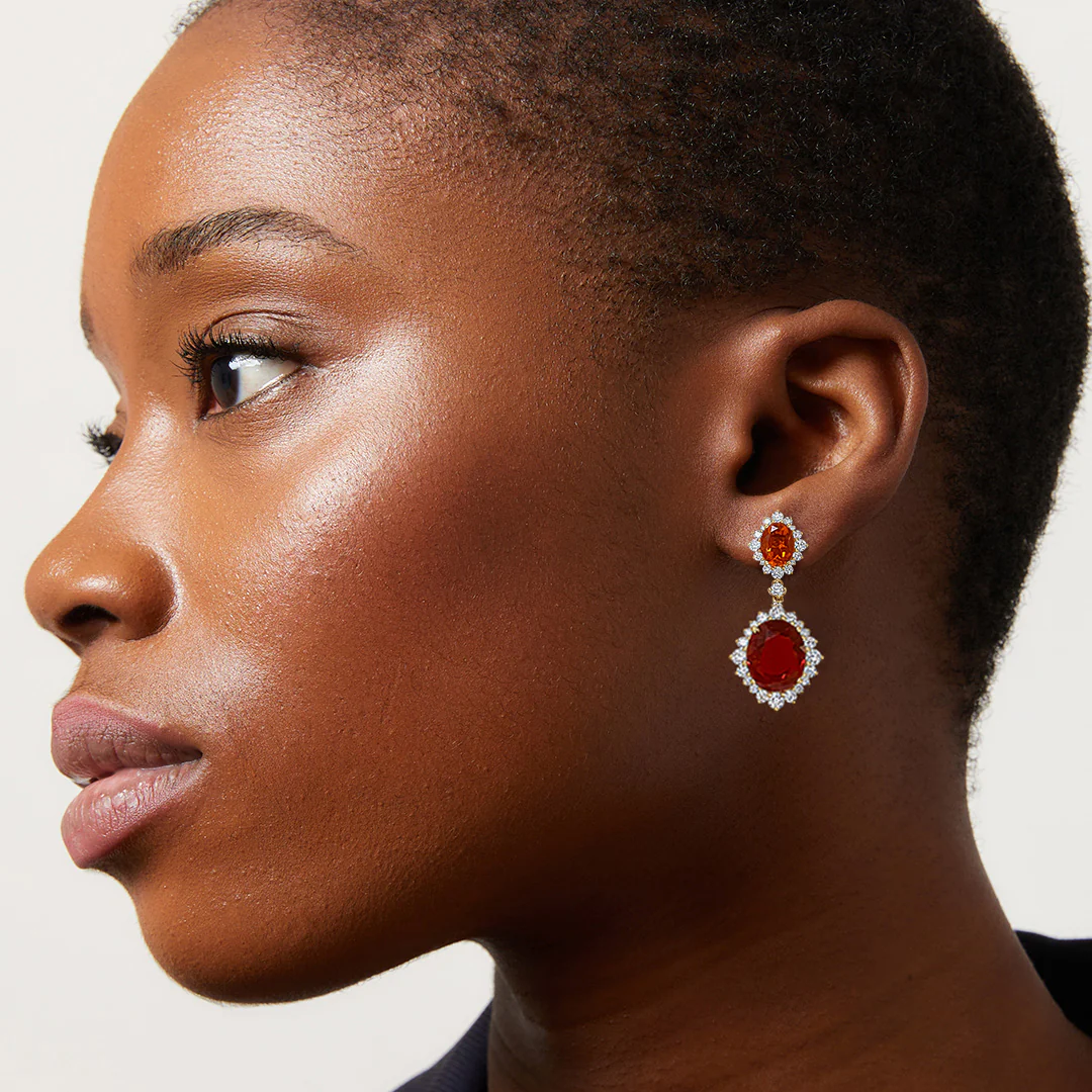 Special Editions Fire Opal and Graduated Diamond Halo Earrings - Image 2