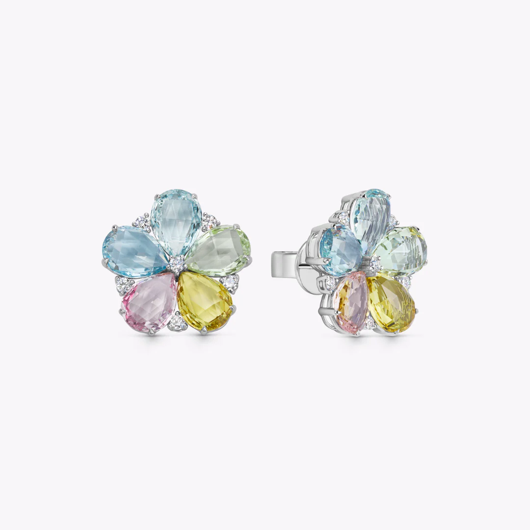 Multi Colour Beryl and Diamond Flower Earrings - Image 3